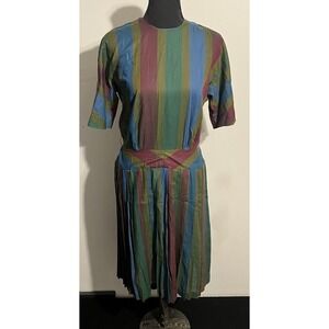Vintage Jeanne Dress Womens 14 Multicolor Stripe‎ Pleated Midi Skirt 80s